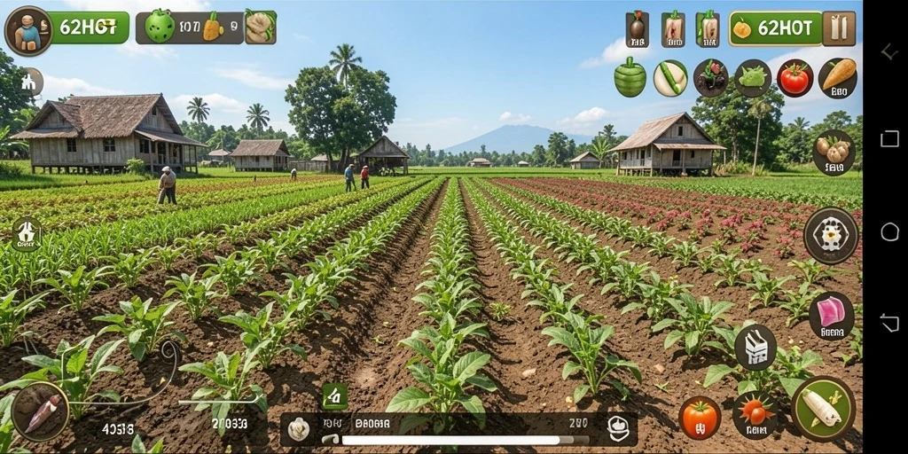 Tampilan utama gameplay 62HOT yang menampilkan ladang hijau dan tanaman.