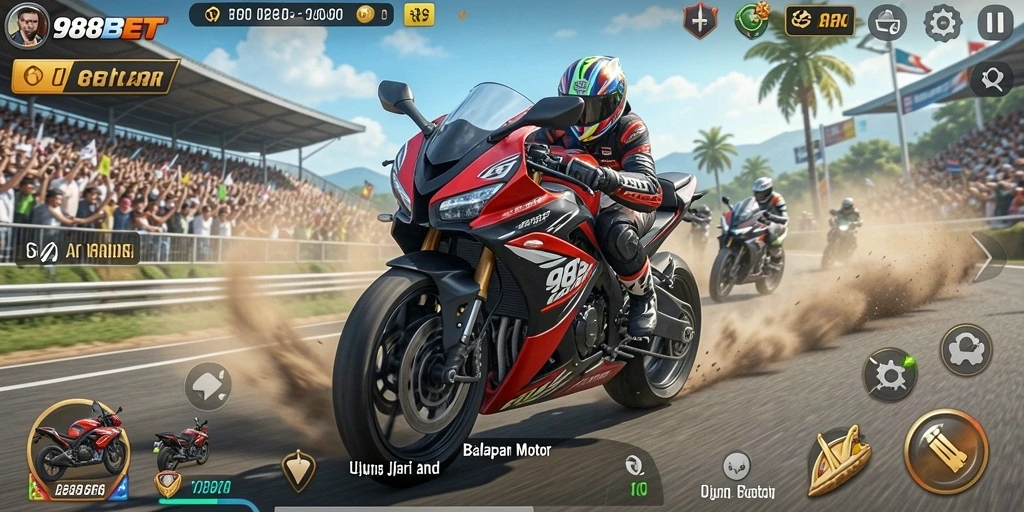 Screenshot gameplay 988BET menampilkan aksi balapan motor yang mendebarkan.