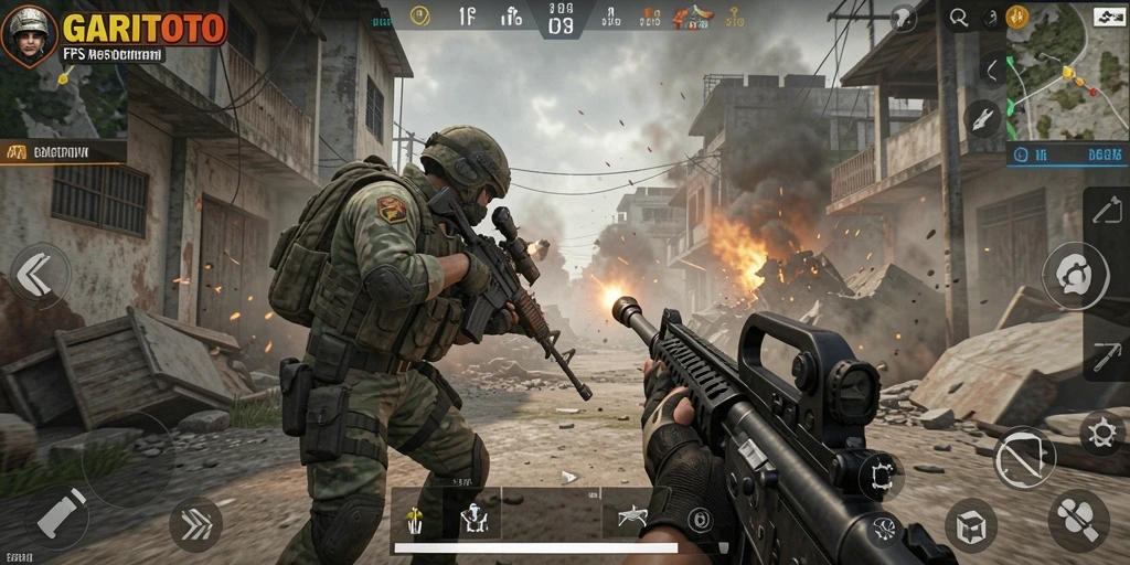 Screenshot GARITOTO menunjukkan momen intens dalam pertempuran FPS.