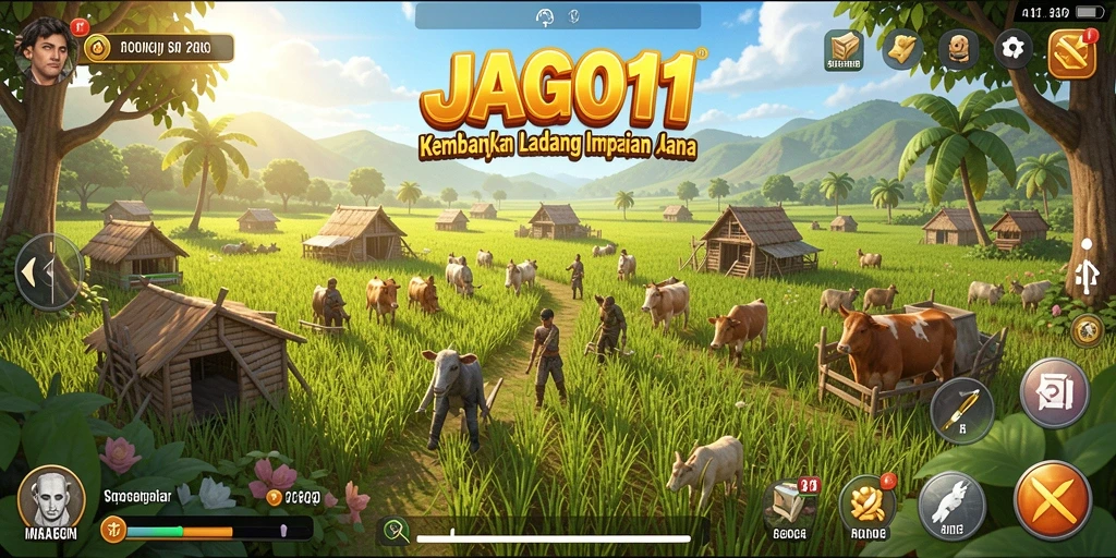 Tampilan gameplay JAGO11 yang asri dengan ladang hijau dan hewan ternak.