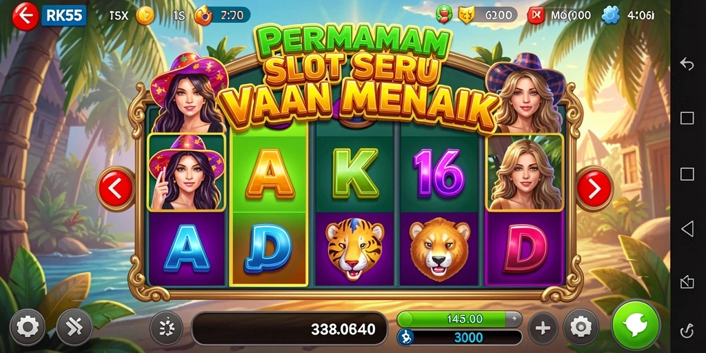 Screenshot gameplay RK55 menunjukkan gulungan yang berputar dengan fitur bonus yang menarik.