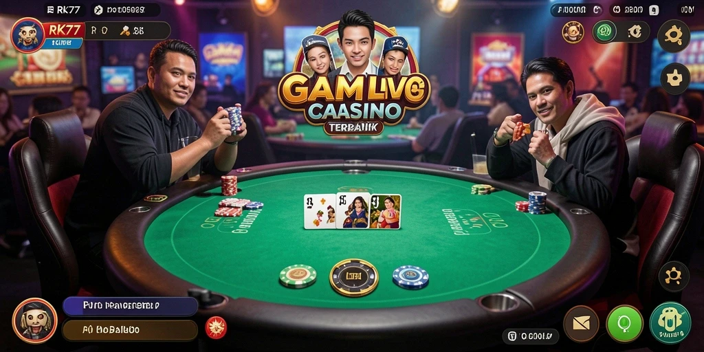 Screenshot gameplay RK77 menampilkan dealer profesional dan suasana kasino yang mendebarkan.
